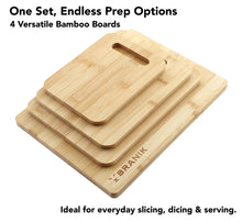 Load image into Gallery viewer, BRANIK 4 Piece Bamboo Chopping Board Set Durable Plantation Bamboo Wooden Cutting Boards. Ideal for Meat, Vegetables, Cheeses, and Bread