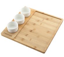 Load image into Gallery viewer, BRANIK Bamboo Cheese Board with 3 Ceramic Dip Bowls Reversible Serving Platter for Charcuterie. Snacks & Dips Premium Double-Sided Wooden Board for Entertaining