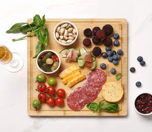 Load image into Gallery viewer, BRANIK Bamboo Cheese Board with 3 Ceramic Dip Bowls Reversible Serving Platter for Charcuterie. Snacks & Dips Premium Double-Sided Wooden Board for Entertaining