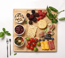 Load image into Gallery viewer, BRANIK Bamboo Cheese Board with 3 Ceramic Dip Bowls Reversible Serving Platter for Charcuterie. Snacks & Dips Premium Double-Sided Wooden Board for Entertaining