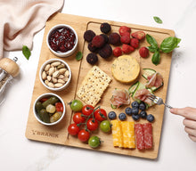 Load image into Gallery viewer, BRANIK Bamboo Cheese Board with 3 Ceramic Dip Bowls Reversible Serving Platter for Charcuterie. Snacks & Dips Premium Double-Sided Wooden Board for Entertaining