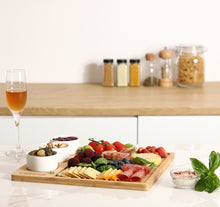 Load image into Gallery viewer, BRANIK Bamboo Cheese Board with 3 Ceramic Dip Bowls Reversible Serving Platter for Charcuterie. Snacks & Dips Premium Double-Sided Wooden Board for Entertaining