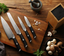 Load image into Gallery viewer, STEWART & BRADLEY 4 Pc Kitchen Knife Set plus Bamboo Block. Premium German Steel, 1.4116
