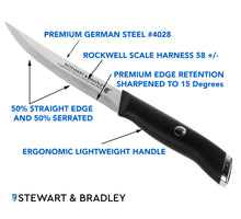 Load image into Gallery viewer, STEWART & BRADLEY Premium German Steel #4028, 50% Razor Sharp Straight Edge, and 50% Serrated Blade
