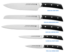 Load image into Gallery viewer, STEWART & BRADLEY 5 Pc FULL TANG Kitchen Knife Set with Bamboo Block. Premium German Steel 1.4116
