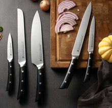 Load image into Gallery viewer, STEWART & BRADLEY 5 Pc FULL TANG Kitchen Knife Set with Bamboo Block. Premium German Steel 1.4116