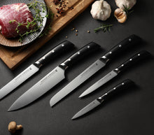 Load image into Gallery viewer, STEWART & BRADLEY 5 Pc FULL TANG Kitchen Knife Set with Bamboo Block. Premium German Steel 1.4116