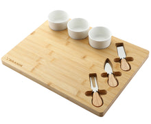Lade das Bild in den Galerie-Viewer, BRANIK Premium Bamboo Serving Board Set – Includes Ceramic Dip Bowls and 3-Piece Serving Knife Set for Entertaining and Dining.
