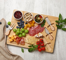 Lade das Bild in den Galerie-Viewer, BRANIK Premium Bamboo Serving Board Set – Includes Ceramic Dip Bowls and 3-Piece Serving Knife Set for Entertaining and Dining.
