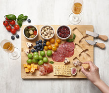 Lade das Bild in den Galerie-Viewer, BRANIK Premium Bamboo Serving Board Set – Includes Ceramic Dip Bowls and 3-Piece Serving Knife Set for Entertaining and Dining.
