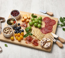 Lade das Bild in den Galerie-Viewer, BRANIK Premium Bamboo Serving Board Set – Includes Ceramic Dip Bowls and 3-Piece Serving Knife Set for Entertaining and Dining.
