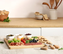 Lade das Bild in den Galerie-Viewer, BRANIK Premium Bamboo Serving Board Set – Includes Ceramic Dip Bowls and 3-Piece Serving Knife Set for Entertaining and Dining.
