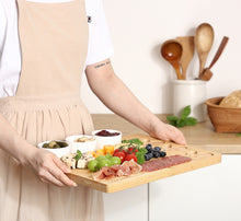 Lade das Bild in den Galerie-Viewer, BRANIK Premium Bamboo Serving Board Set – Includes Ceramic Dip Bowls and 3-Piece Serving Knife Set for Entertaining and Dining.
