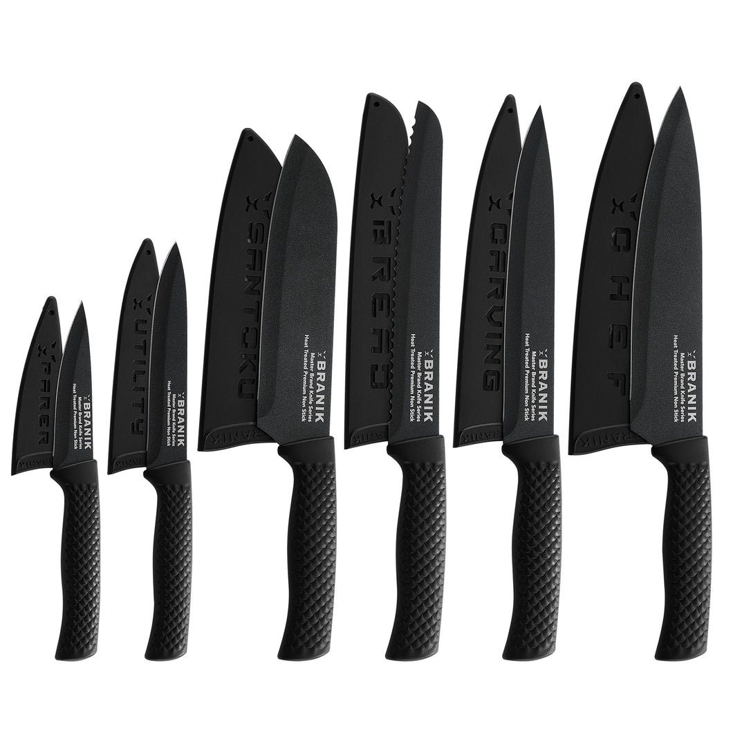 BRANIK® Brand 6 Pc Kitchen Knife Set with Protective Covers.