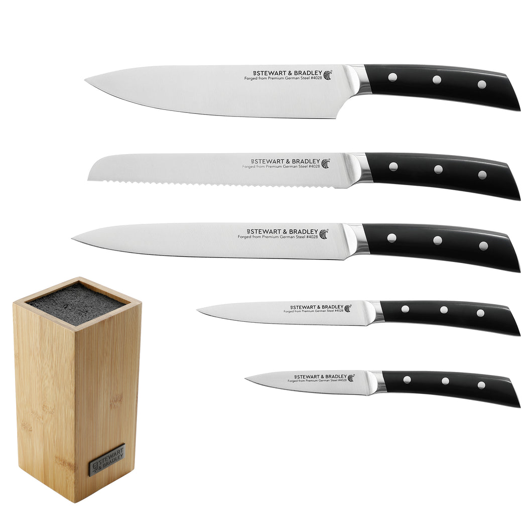 STEWART & BRADLEY 5 Pc FULL TANG Kitchen Knife Set with Bamboo Block, Premium German Steel #4028, Razor Sharp Blades.