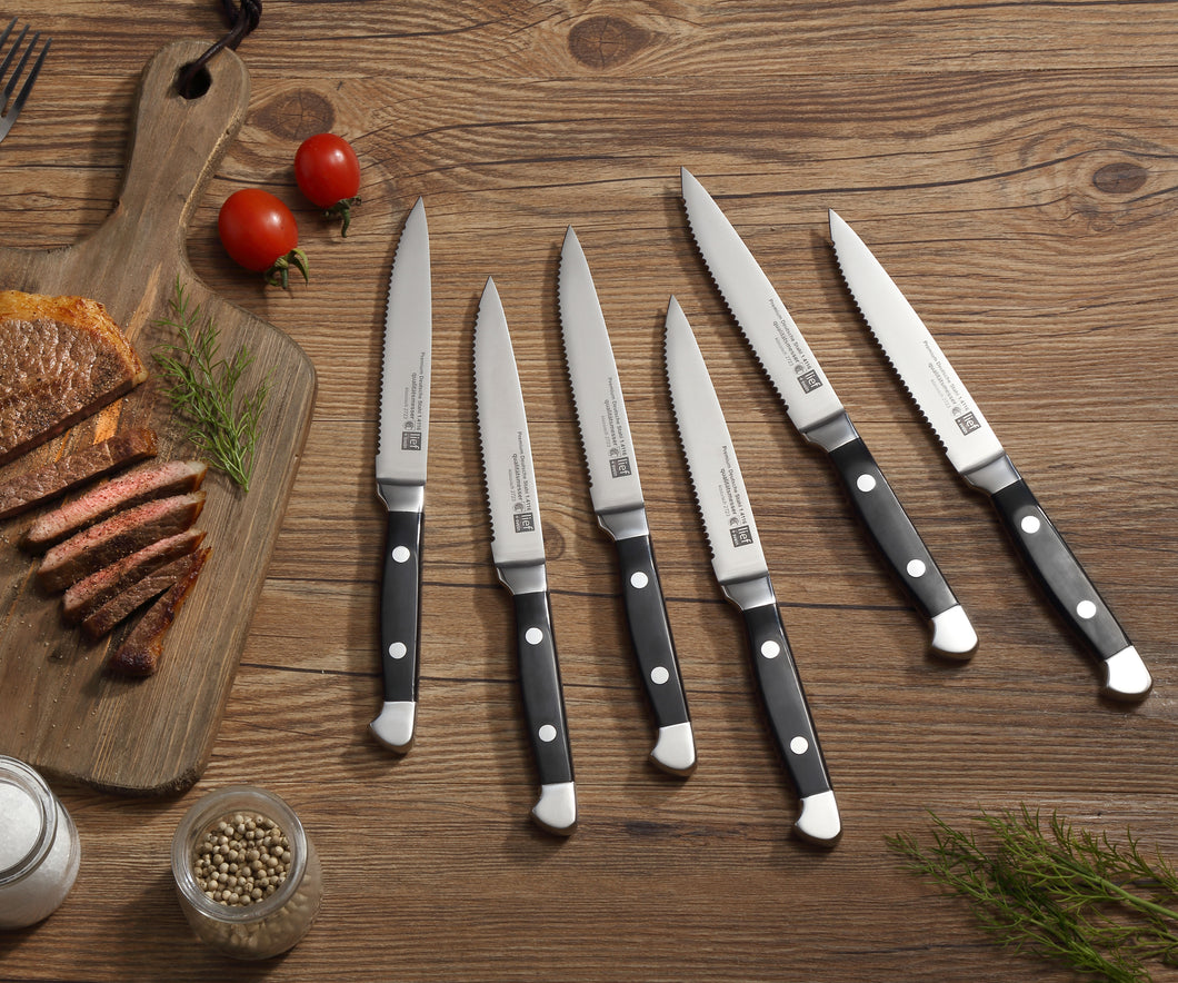 Lief + Svein German Steel Steak Knife Set. 6 Pc Steak Knives with Block.